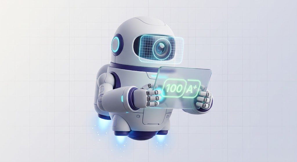 The AXRAY agent holding a scorecard reading 100 out of 100, grade A plus